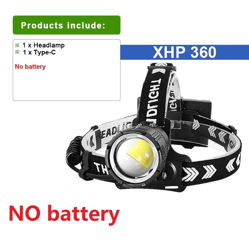 18000000LM  XHP360 Headlamp High Power Front Lantern Rechargeable Headlight 18650 Head Flashlight Camping Fishing Head Lantern