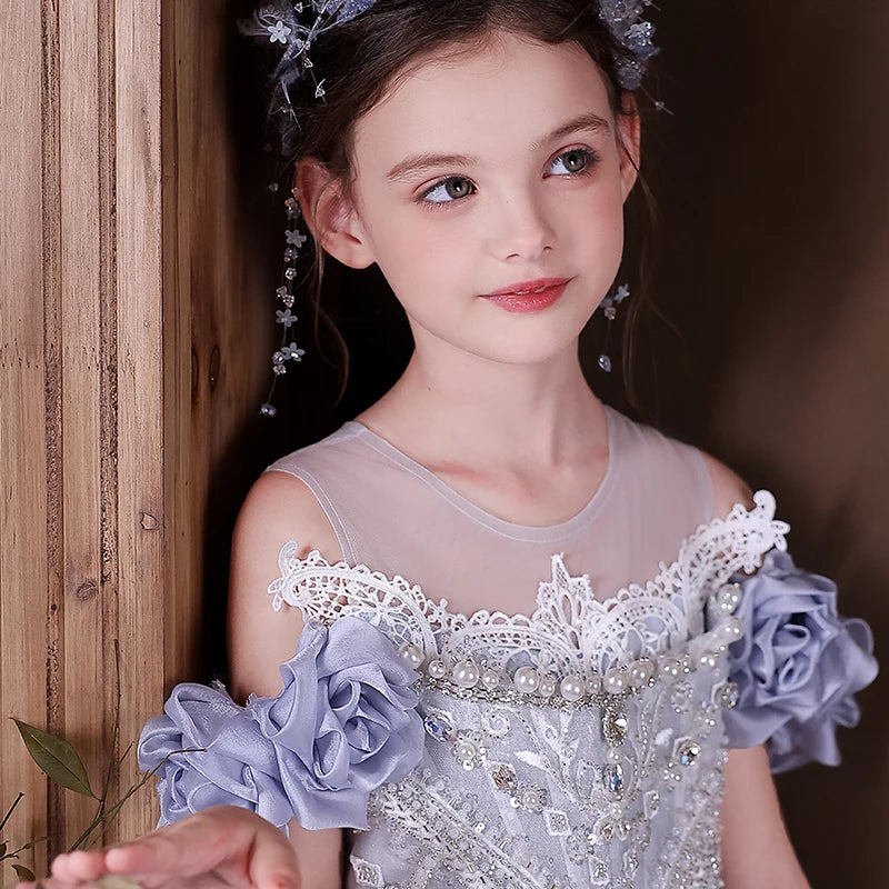 Jill Wish J200 Blue Princess Dress for Girls Off Shoulder Beaded Luxury Children Formal Gown for Wedding Birthday Party Pageant