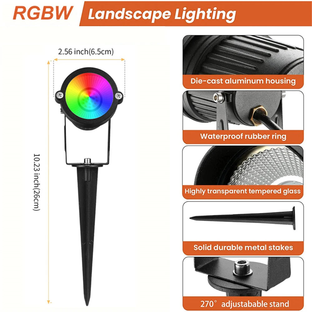RGBW Landscape Lighting 10W with Remote Spotlight 110V 220V IP65 Waterproof for Yard Tree Lawn Garden Outdoor Christmas Light