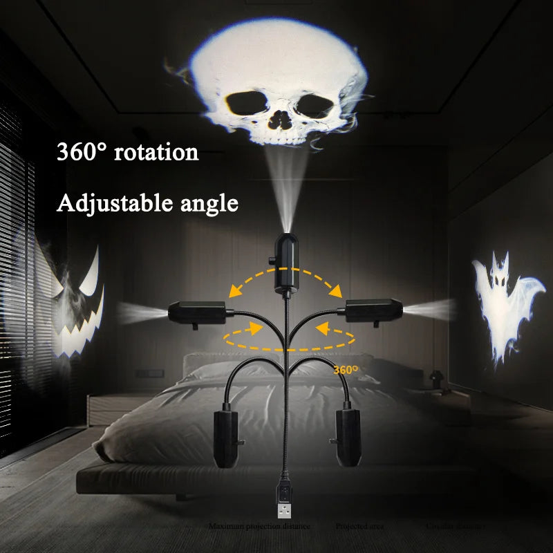 Halloween Projector USB 360 Degree Rotating LED Skull Projector Lamp Cristmas Decoration for Bedroom Ceiling Room Wall Decor