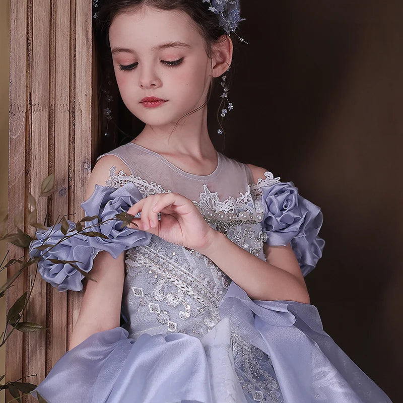 Jill Wish J200 Blue Princess Dress for Girls Off Shoulder Beaded Luxury Children Formal Gown for Wedding Birthday Party Pageant