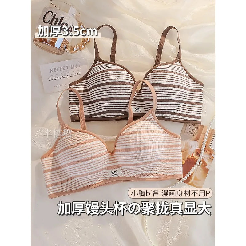 Modest Full Coverage Striped Push Up Bra for Women Small Chest Thick Padding Mastectomy Cup Anti Sagging Seamless Luxury Bra sAB