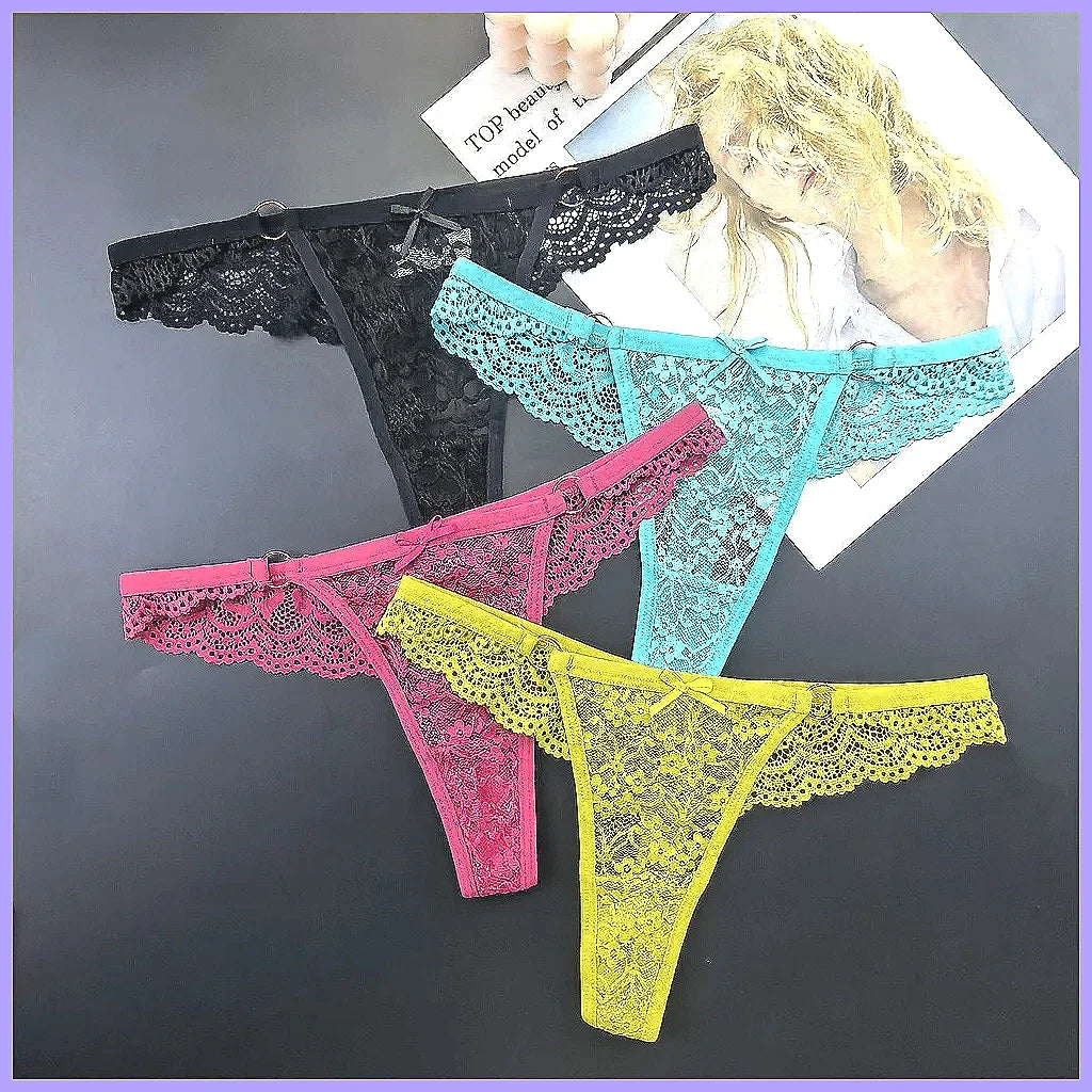 4Pcs Sexy Lace Thong Panties Women Low Rise Transparent Lingerie Set Plus Size