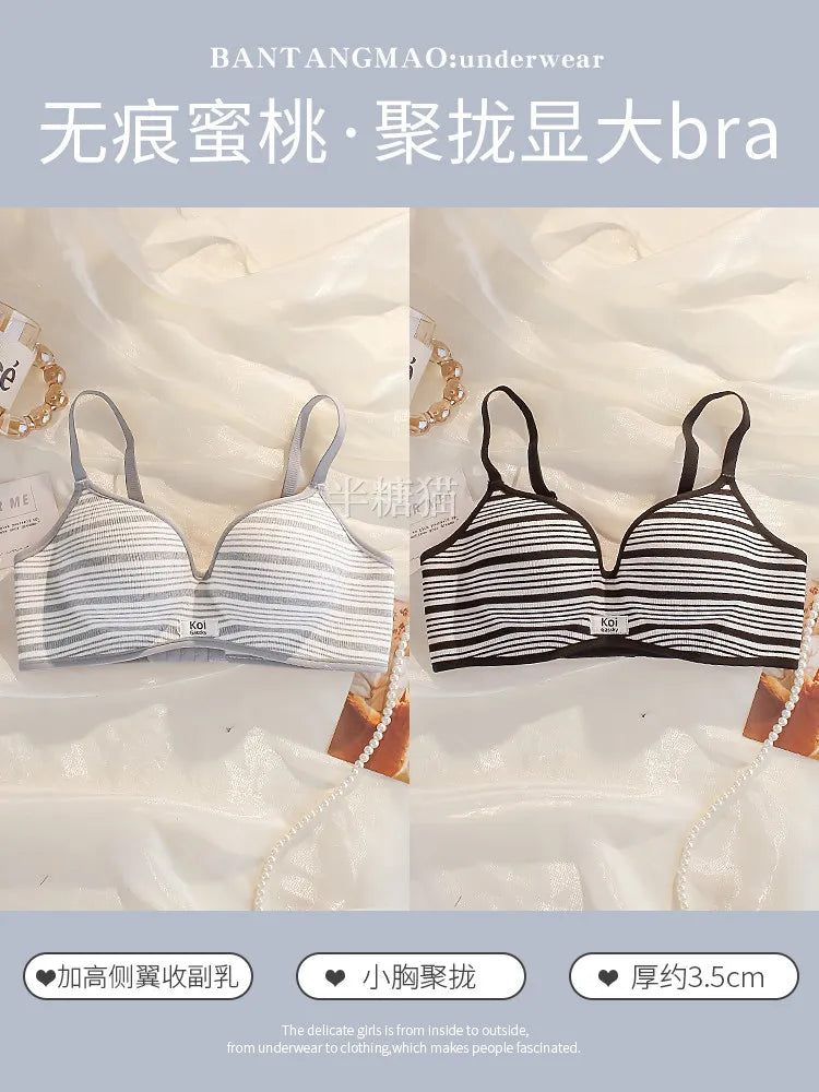 Modest Full Coverage Striped Push Up Bra for Women Small Chest Thick Padding Mastectomy Cup Anti Sagging Seamless Luxury Bra sAB