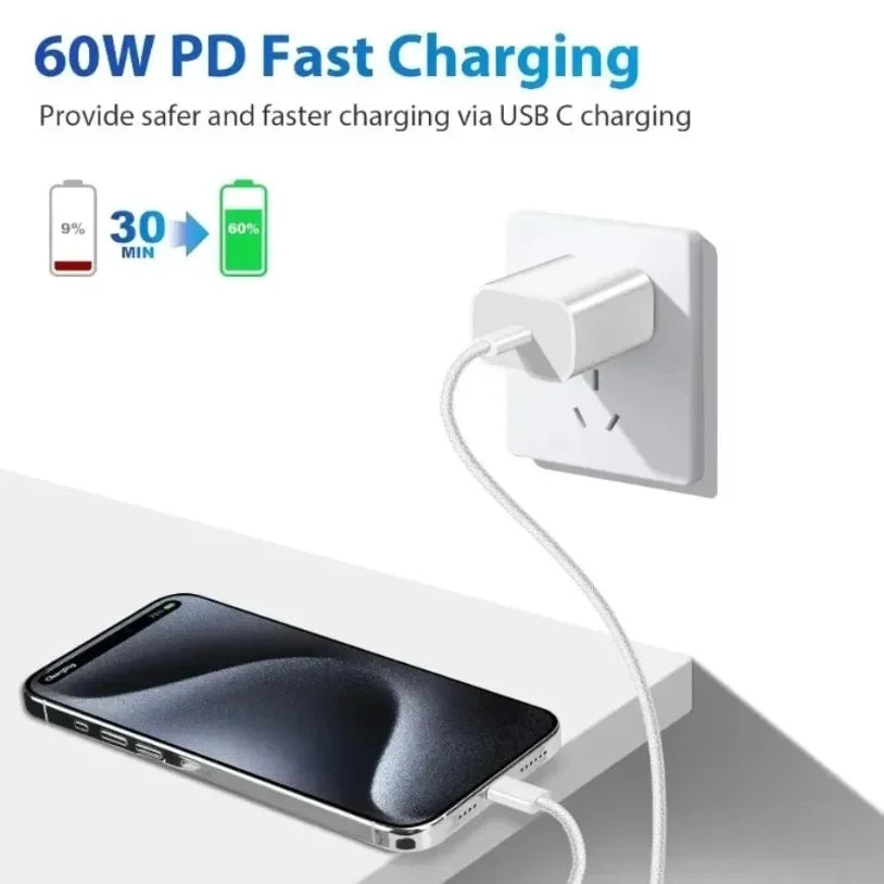 USB C Cable to USB C Fabric 60W PD Fast Charging Charger Cable Supports for iPhone 16 15 Samsung Xiaomi Huawei Fast Charging