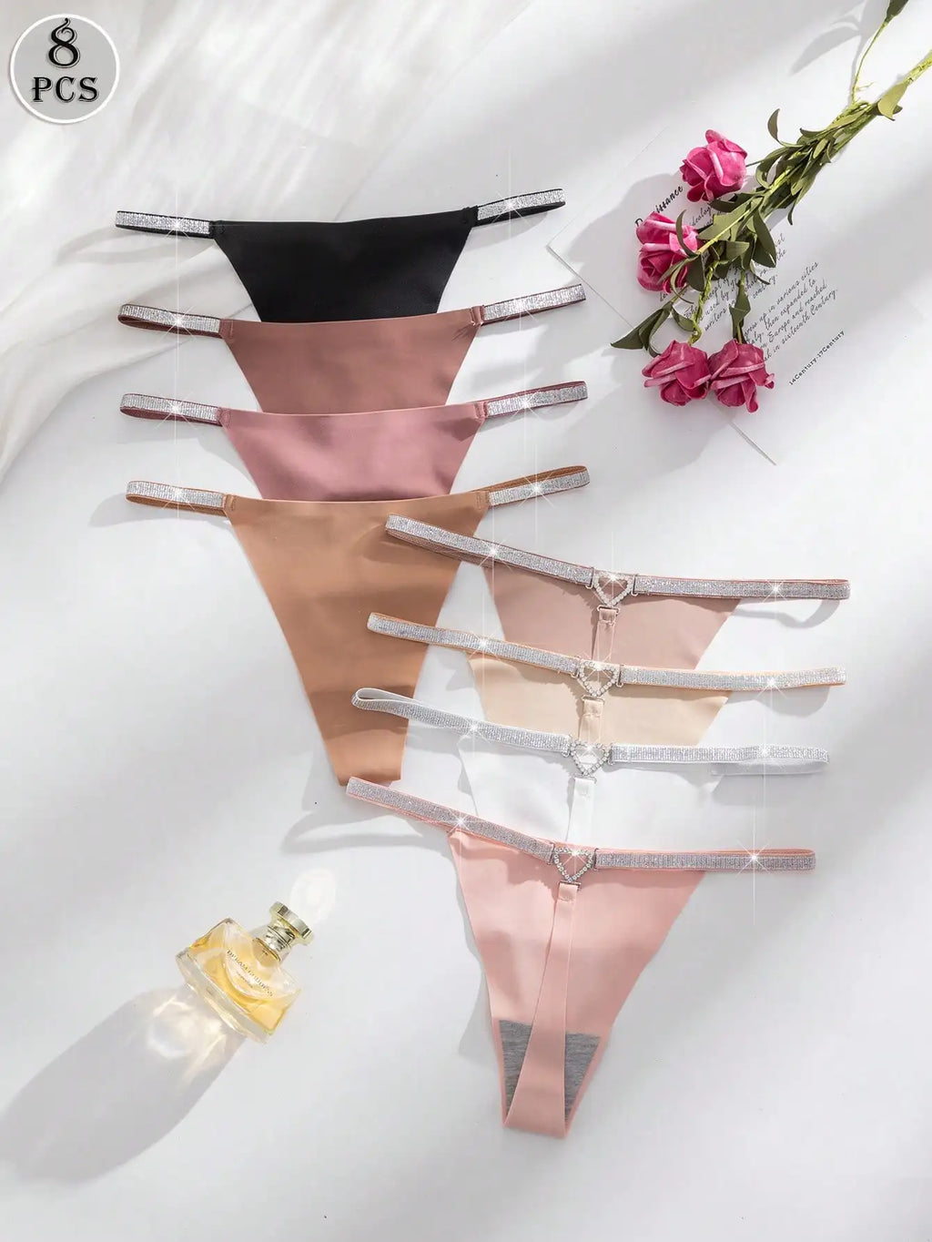 8pcs Multicolor Seamless Thong Panties with Heart Rhinestone Waistband