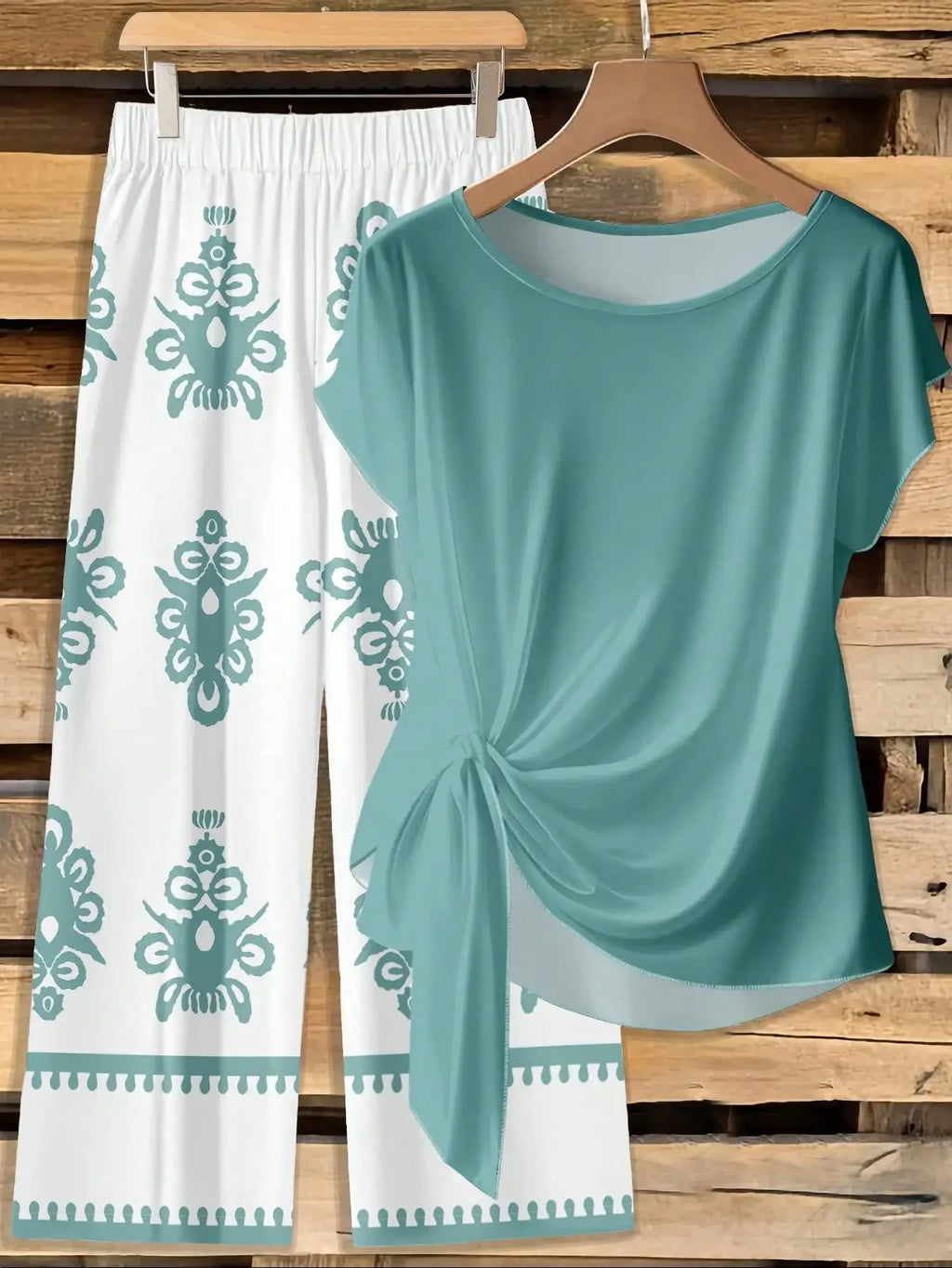 Window Geometric Print Pants Matched With Loose Tie Bow Blue Shirt, 2 Pieces Set Suitable For Spring/Summer VacationEV