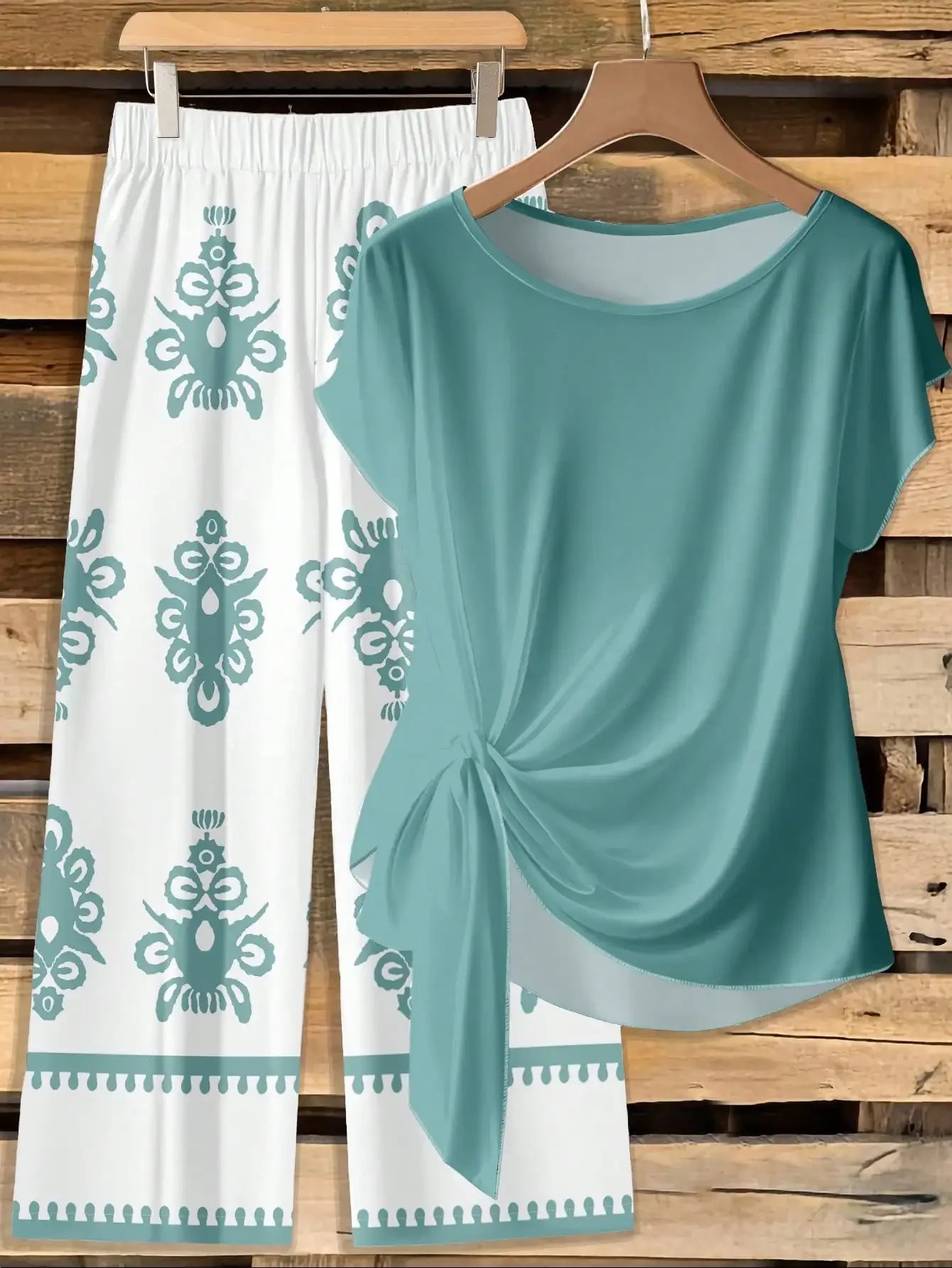 Window Geometric Print Pants Matched With Loose Tie Bow Blue Shirt, 2 Pieces Set Suitable For Spring/Summer VacationEV
