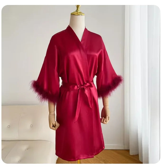 Wedding Bride Bridesmaid Robe Satin Kimono Intimate Lingerie Lady Sexy Feather Sleeve Bathrobe Nightgown Short Sleepwear Onesize