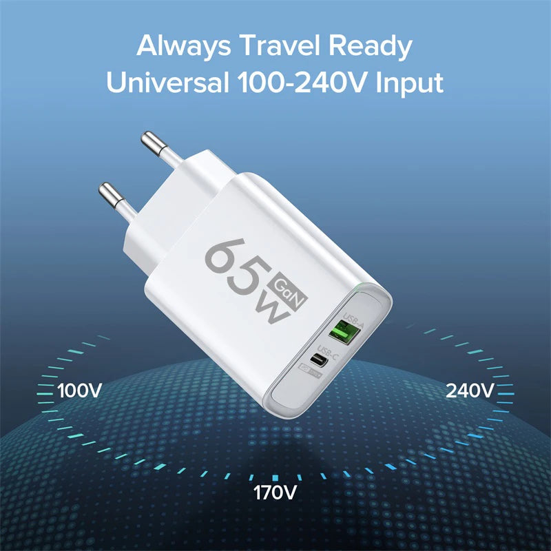PD 65W GaN Type C USB Mobile Phone Charger Fast Charging Power Adapter For iPhone Samsung Hawei Xiaomi Quick Charge Wall Charger