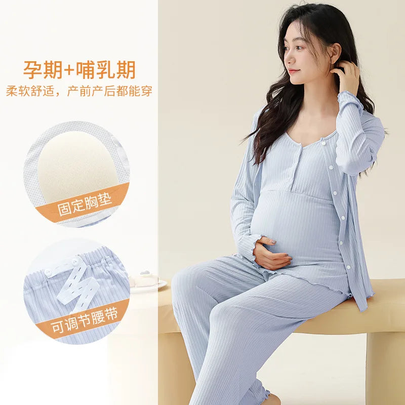 Modal Maternity Nursing Robe Set 3 Piece Postpartum Breastfeeding Pajamas with Chest Pads Hospital Labor Delivery Pregnancy Pjs