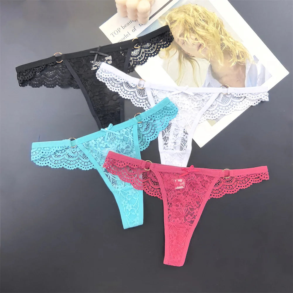 4Pcs Sexy Lace Thong Panties Women Low Rise Transparent Lingerie Set Plus Size