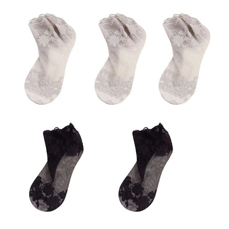 5Pairs Women's Floral Lace Socks Transparent Lolita Invisible Summer Breathable Invisible Crew Sock Summer Lolita Thin Ankle Sox