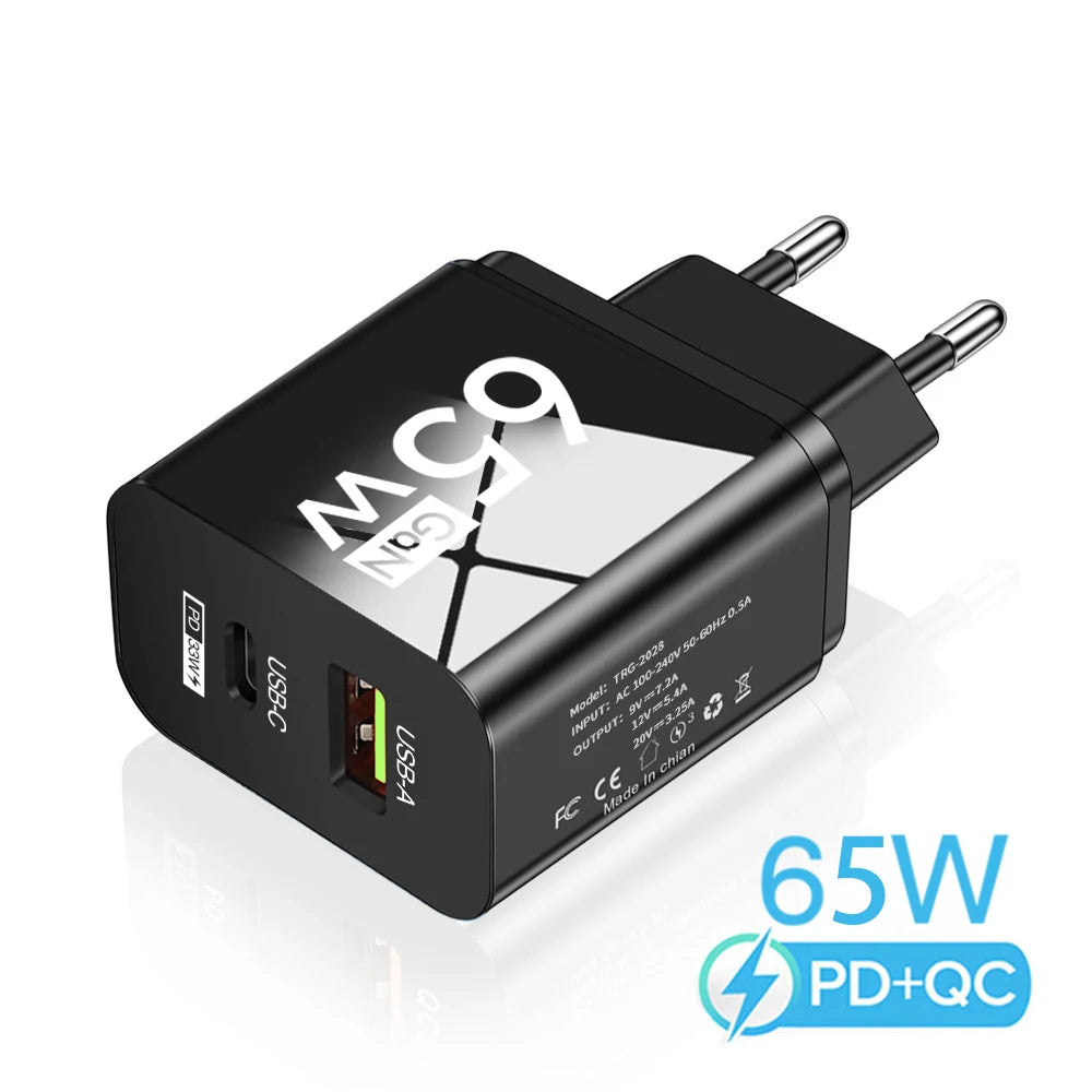 PD 65W GaN Type C USB Mobile Phone Charger Fast Charging Power Adapter For iPhone Samsung Hawei Xiaomi Quick Charge Wall Charger