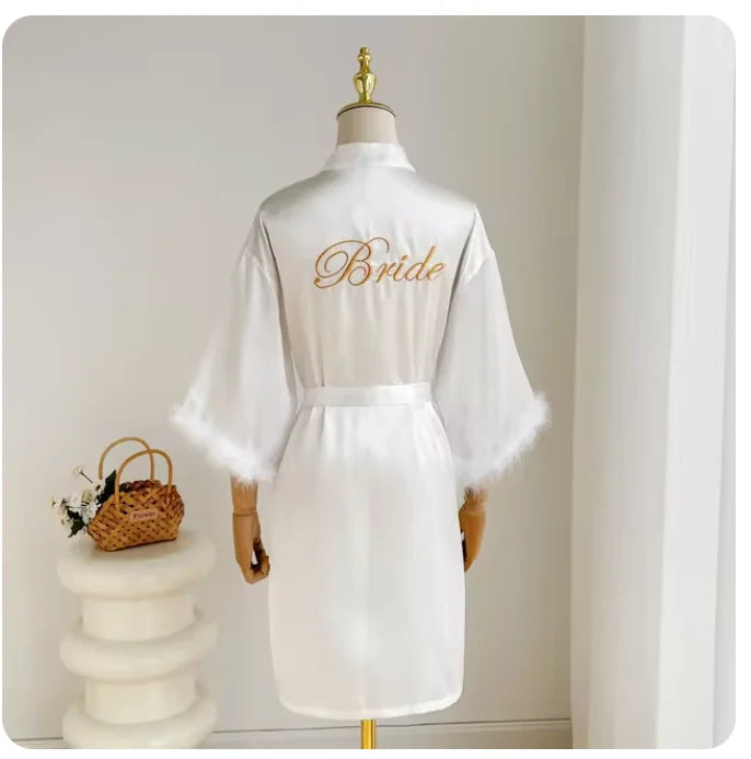 Wedding Bride Bridesmaid Robe Satin Kimono Intimate Lingerie Lady Sexy Feather Sleeve Bathrobe Nightgown Short Sleepwear Onesize