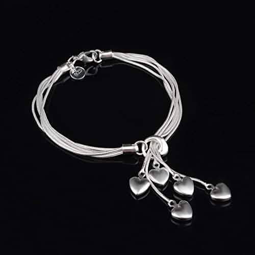 .925 Sterling Silver Five-Line Chain with Five-Heart Bracelet