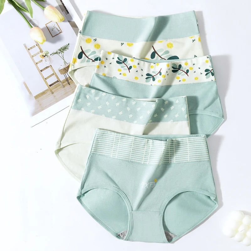 4Pcs/Set High Waist Women Panties Cotton Underwear Fashion Print Ladies Briefs Slim Underpants Breathable Sexy Ladies Lingerie