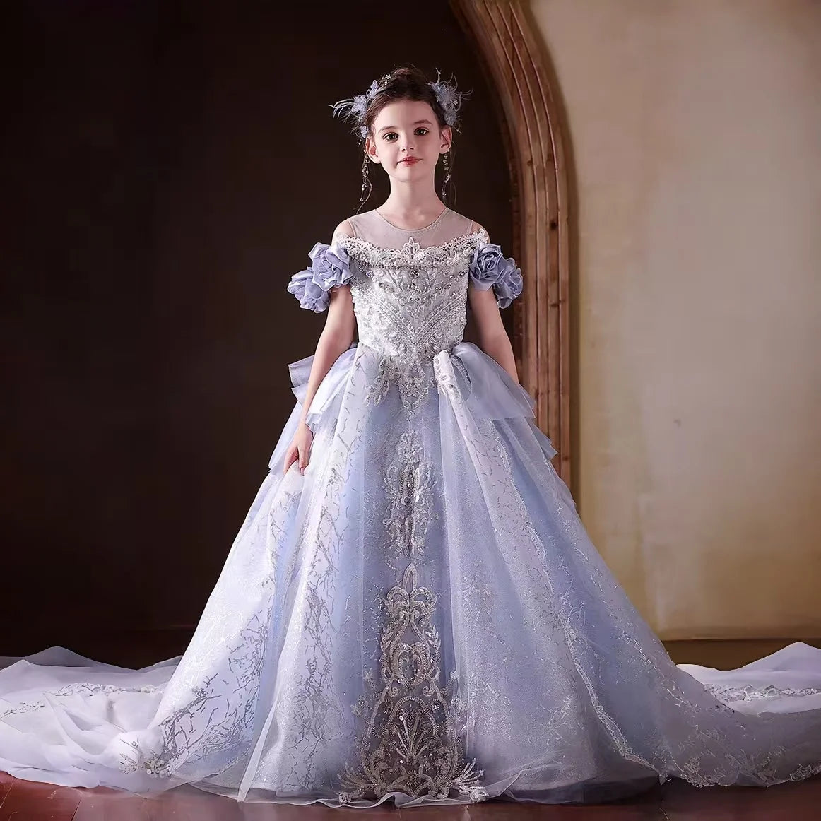 Jill Wish J200 Blue Princess Dress for Girls Off Shoulder Beaded Luxury Children Formal Gown for Wedding Birthday Party Pageant
