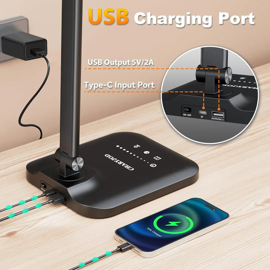 Adjustable LED Desk Lamp with USB Charging, Stepless Dimming for Office Home Reading Study