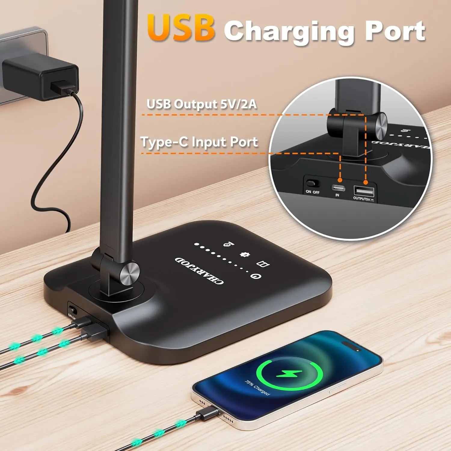 Adjustable LED Desk Lamp with USB Charging, Stepless Dimming for Office Home Reading Study