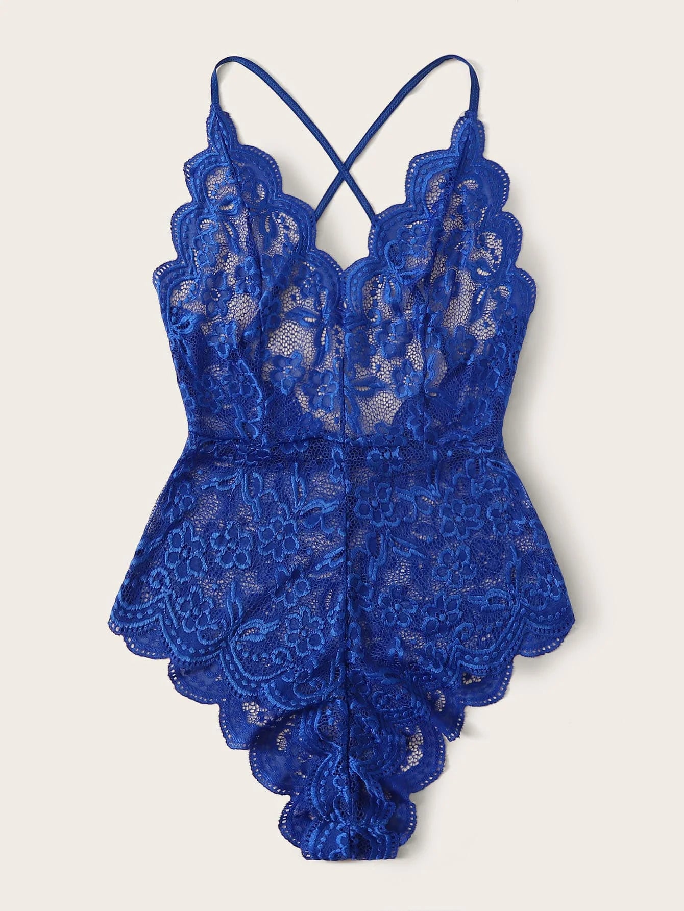 Royal Blue Floral Lace V-Neck Bodysuit with Criss-Cross Straps and Ruffle Hem