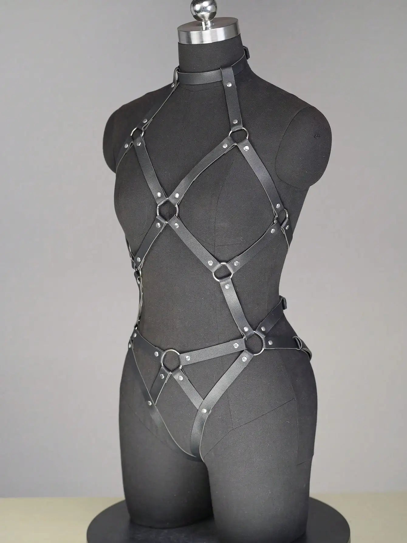 Black Faux Leather Full Body Harness Bodysuit with Ring Details