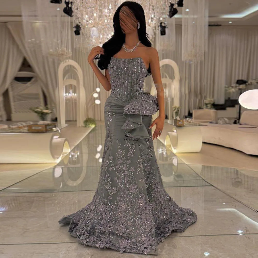 Customized Grey Mermaid Corset Dresses Strapless Floral Lace Formal Evening Gown Ruffles Sweep Train vestidos de piedra