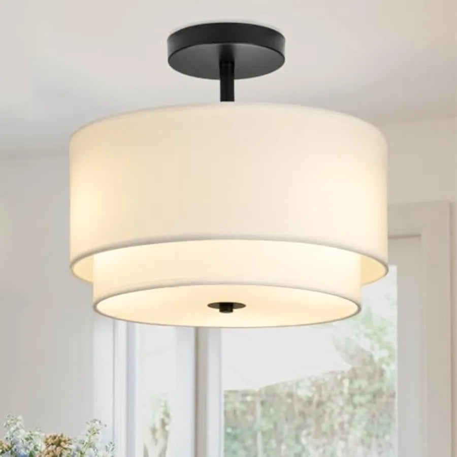 3-Light Semi Flush Mount Ceiling Light Fixture, 12.6inch Modern Close to Ceiling Light with 2-Layer Drum Shade, Entryway Light
