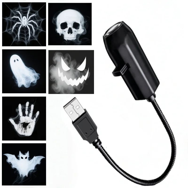 Halloween Projector USB 360 Degree Rotating LED Skull Projector Lamp Cristmas Decoration for Bedroom Ceiling Room Wall Decor