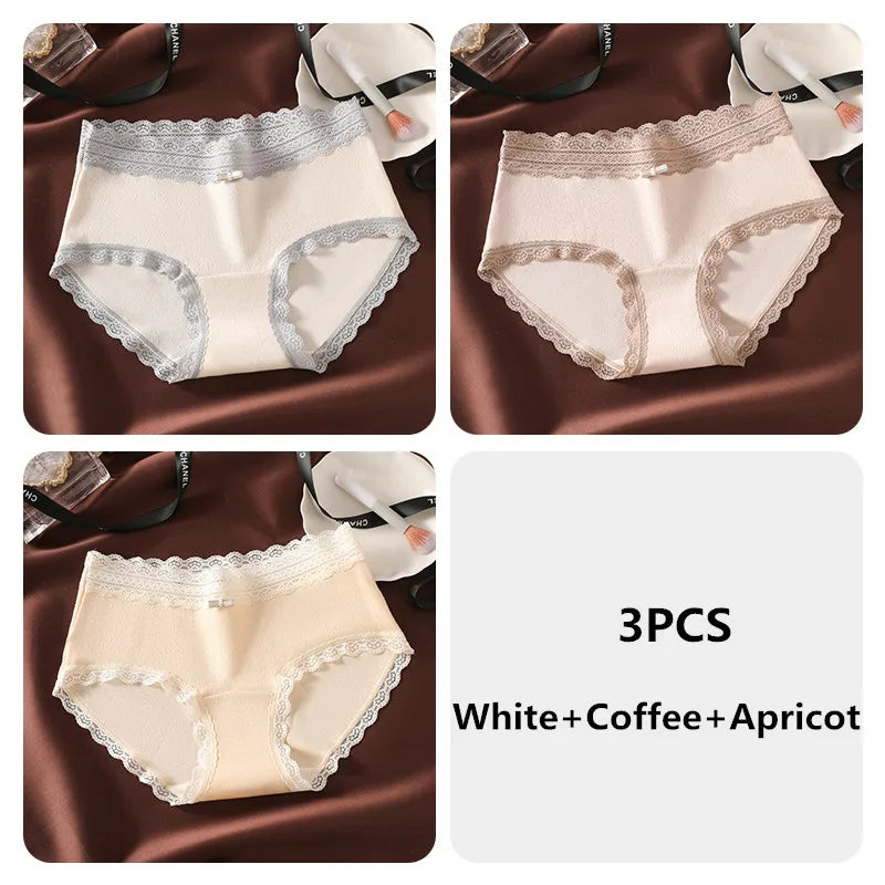 3PCS Women's Panties French Lace Mid-rise Panties Sexy Breathable Pure Cotton Underwear Soft Comfortable Briefs Intimates