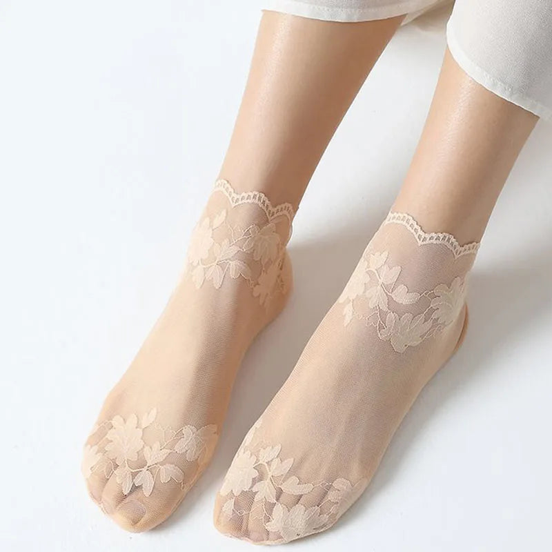 5Pairs Women's Floral Lace Socks Transparent Lolita Invisible Summer Breathable Invisible Crew Sock Summer Lolita Thin Ankle Sox
