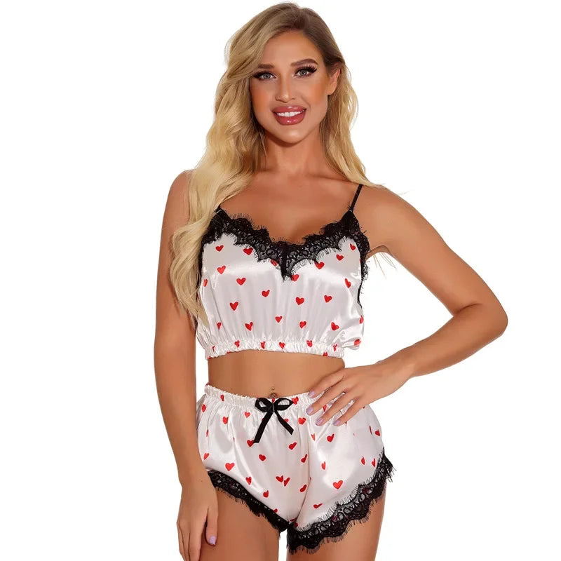 Women V-Neck Printed Bra Camisole Nightgown Girls Can Love Girls Cute Erotic Lingerie Strapless Beauty Back Halter Shorts Set