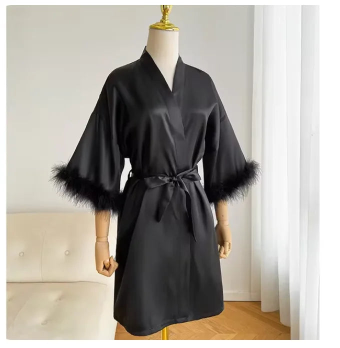 Wedding Bride Bridesmaid Robe Satin Kimono Intimate Lingerie Lady Sexy Feather Sleeve Bathrobe Nightgown Short Sleepwear Onesize