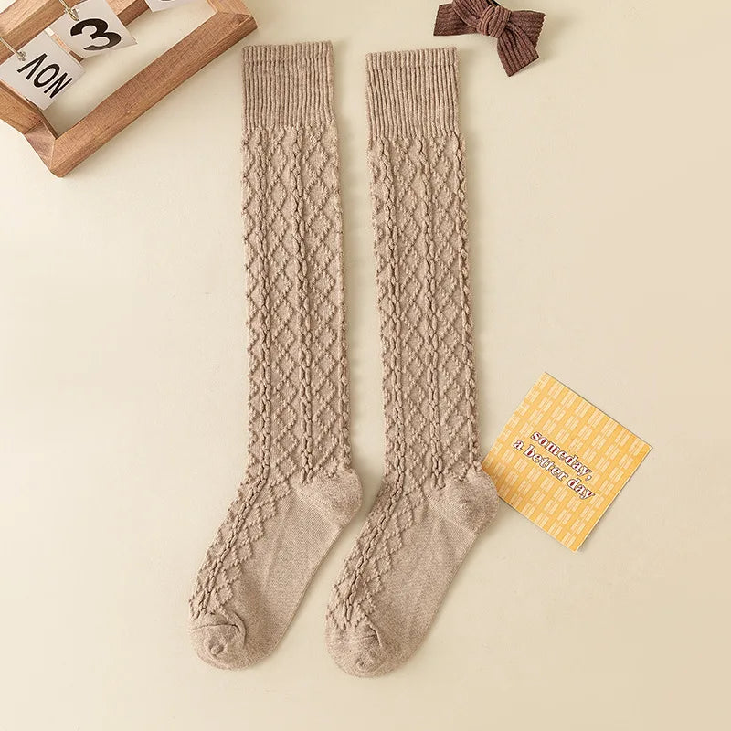 Autumn Winter Japanese Retro Cream White Wool Twisted Anti-Slip Calf Socks Beige Slimming Versatile Mid-Calf Socks