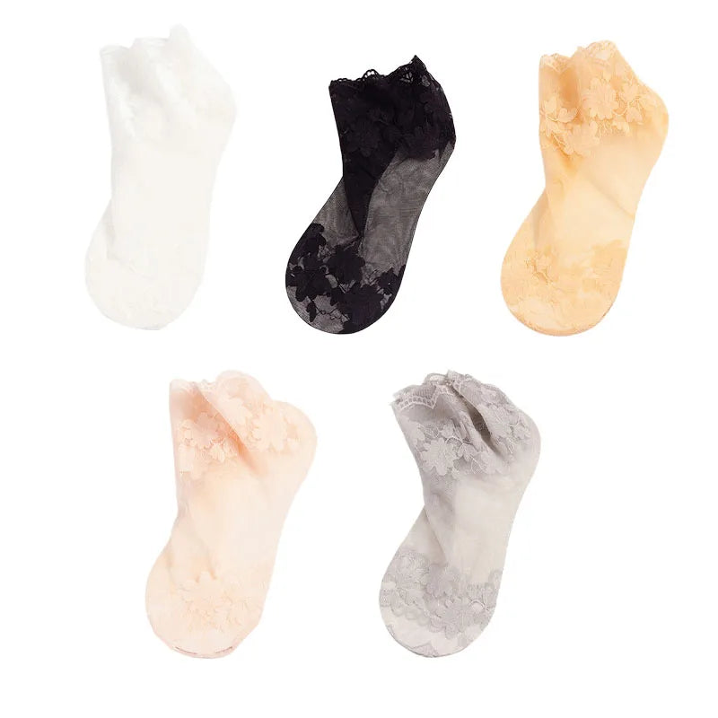 5Pairs Women's Floral Lace Socks Transparent Lolita Invisible Summer Breathable Invisible Crew Sock Summer Lolita Thin Ankle Sox