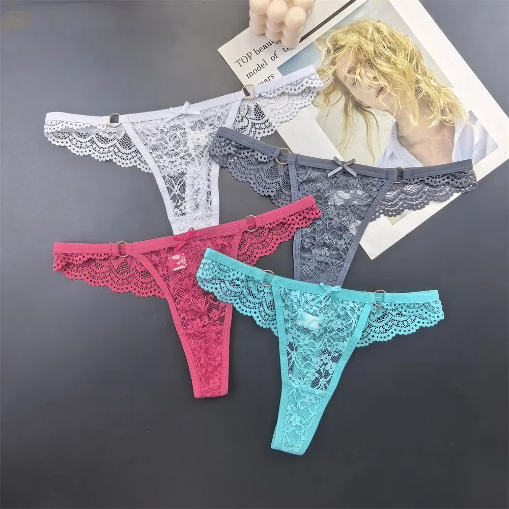 4Pcs Sexy Lace Thong Panties Women Low Rise Transparent Lingerie Set Plus Size