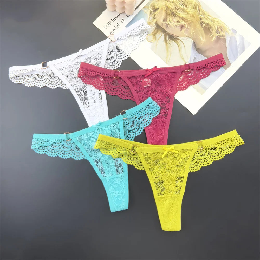 4Pcs Sexy Lace Thong Panties Women Low Rise Transparent Lingerie Set Plus Size