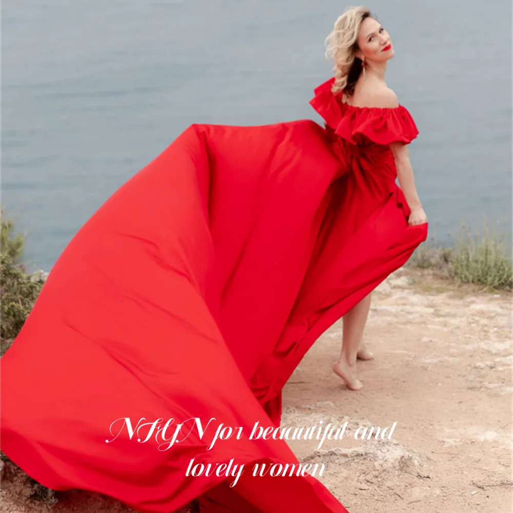 NFYN Simple Red Elegant Formal Gowns Satin Off the Shoulder Prom Dress A-Line with Pleated Evening Dress حزب فساتين Customized