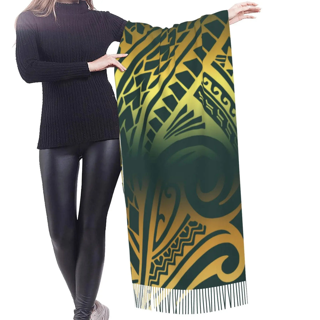 New Wholesale Custom Womens Soft Cashmere Feeling Long Scarf Pashmina Shawls Wraps Scarf Polynesian Tribal Printed Winter Scarf