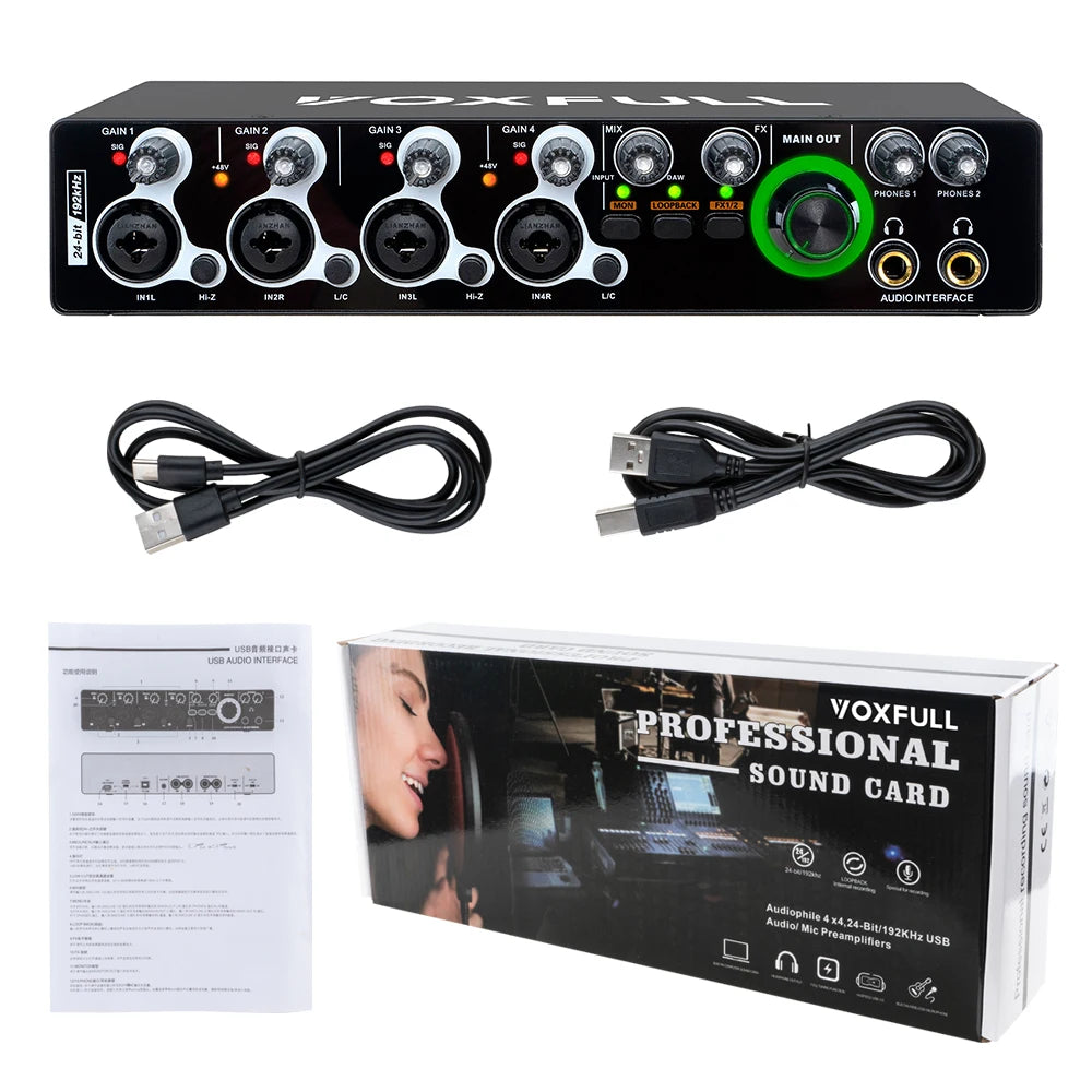 Voxfull MD404 Professional 24Bit 192KHz Mini USB Audio Interface 4 Channel USB Sound Card for Live Music Recording Studio