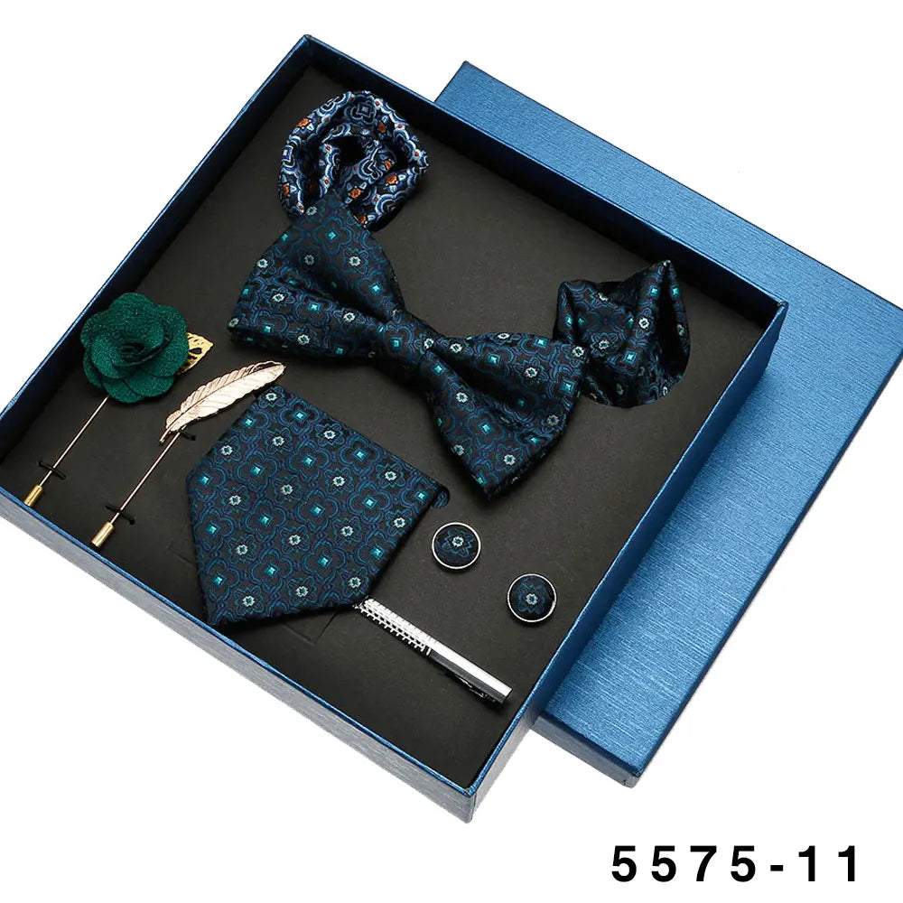 Men's Tie Set Gift Box Bow Tie Pocket Square Brooches Sets Custom Cufflinks  Clip Pin 8pcs Suit Silk Polyester Necktie for Men