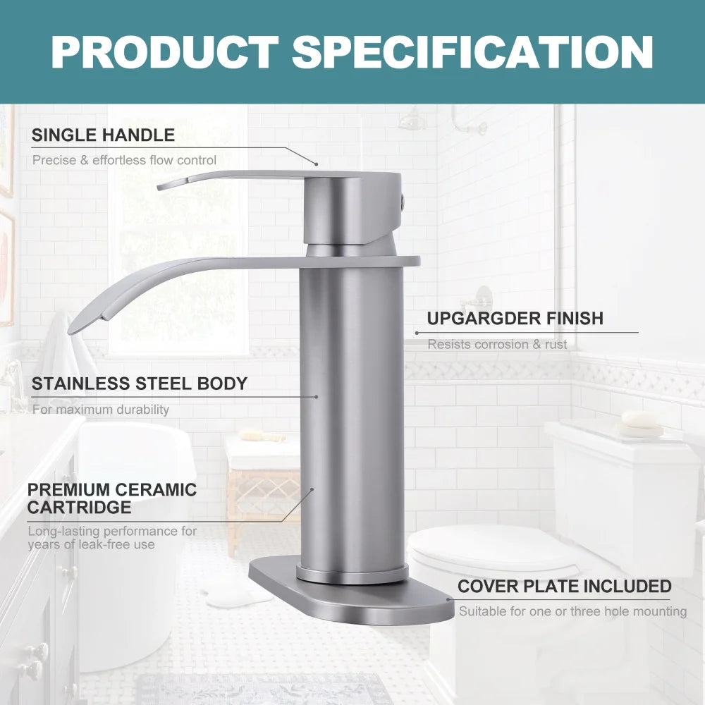Waterfall Bathroom Faucet Single Hole Single Handle Faucet with Stainless Steel Metal Brushed Nickel Modern Water Basin Faucet
