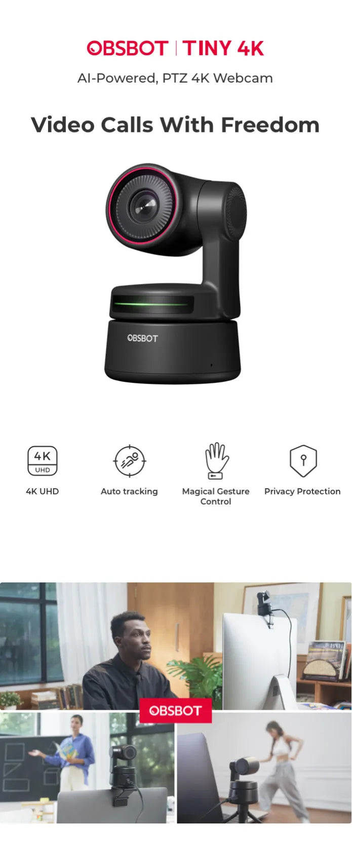 OBSBOT Tiny 4K AI-Tracking Auto-Framing Gesture Control Dual Omni-Directional Mic Recording PTZ Streaming Webcam