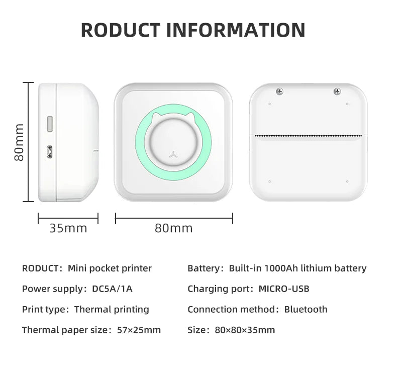 C15 Portable Pocket Mini Thermal Printer Wireless BT 203DPI Photo Label Memo Wrong Question Printing With USB Cable