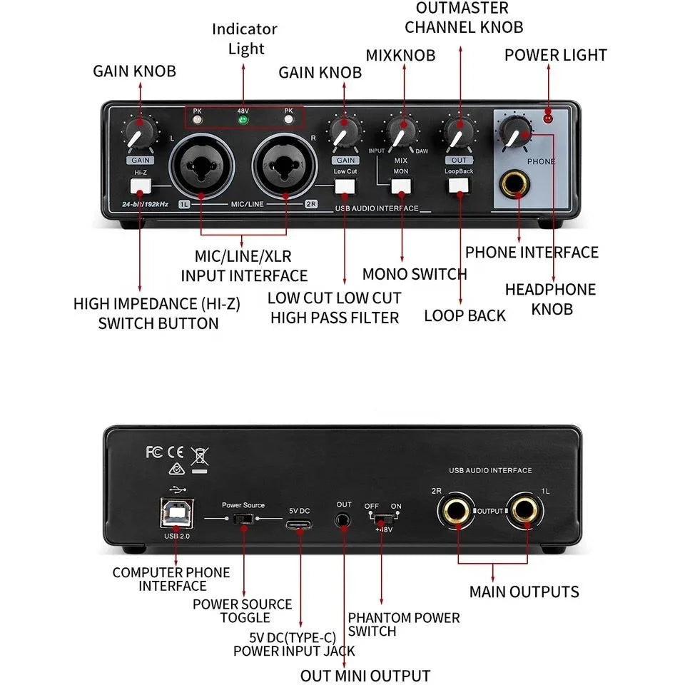 48V Phantom Power Studio Recording Audio Interface Microphone Sound Card Mixing Console for Electric Guitar Electric Sound Mixer