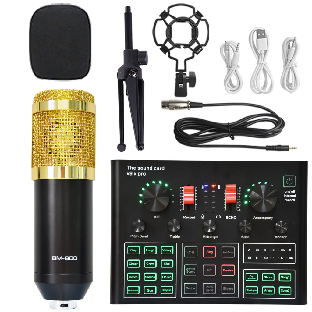 Black Color Box Usb Sound Card 12 Inputs Interface BM800 Microphone V9xpro Sound Card Set Noise Cancelling Stock Metal & Plastic