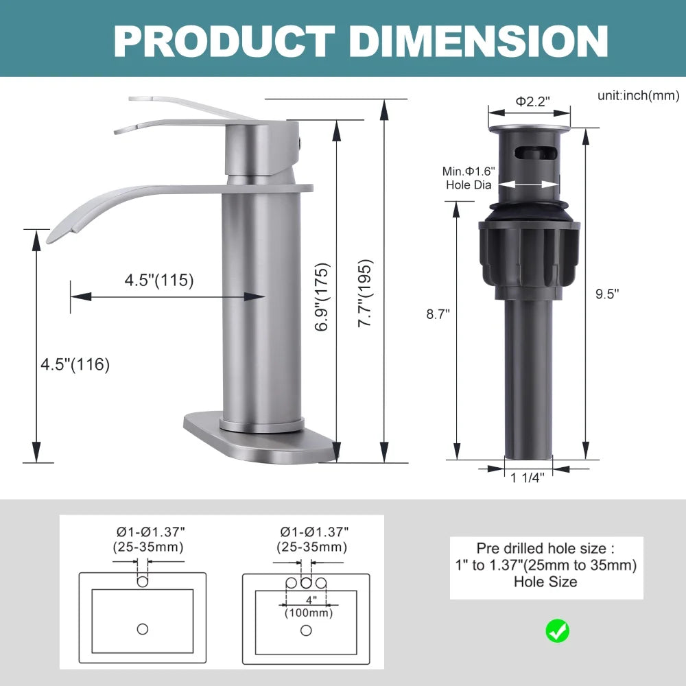 Waterfall Bathroom Faucet Single Hole Single Handle Faucet with Stainless Steel Metal Brushed Nickel Modern Water Basin Faucet