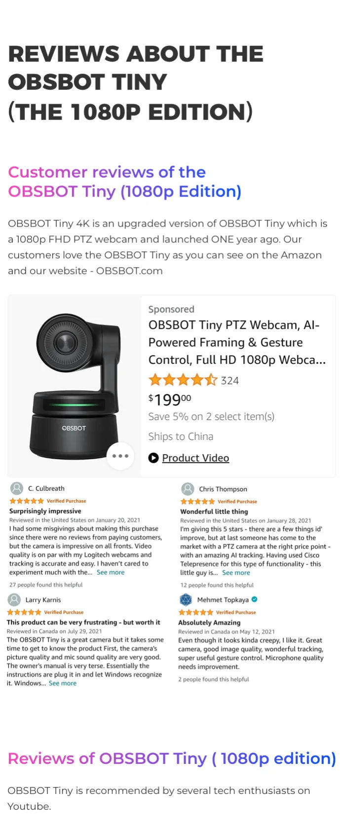 OBSBOT Tiny 4K AI-Tracking Auto-Framing Gesture Control Dual Omni-Directional Mic Recording PTZ Streaming Webcam