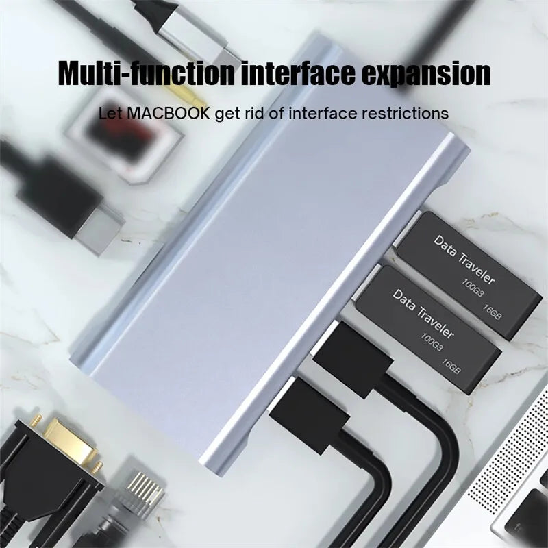 11 in 1 USB C HUB Type C Adapter to 4K  VGA RJ45 Lan Ethernet SD/TF Micro Card Hub 3.5MM AUX 11 Port Dock Station PC