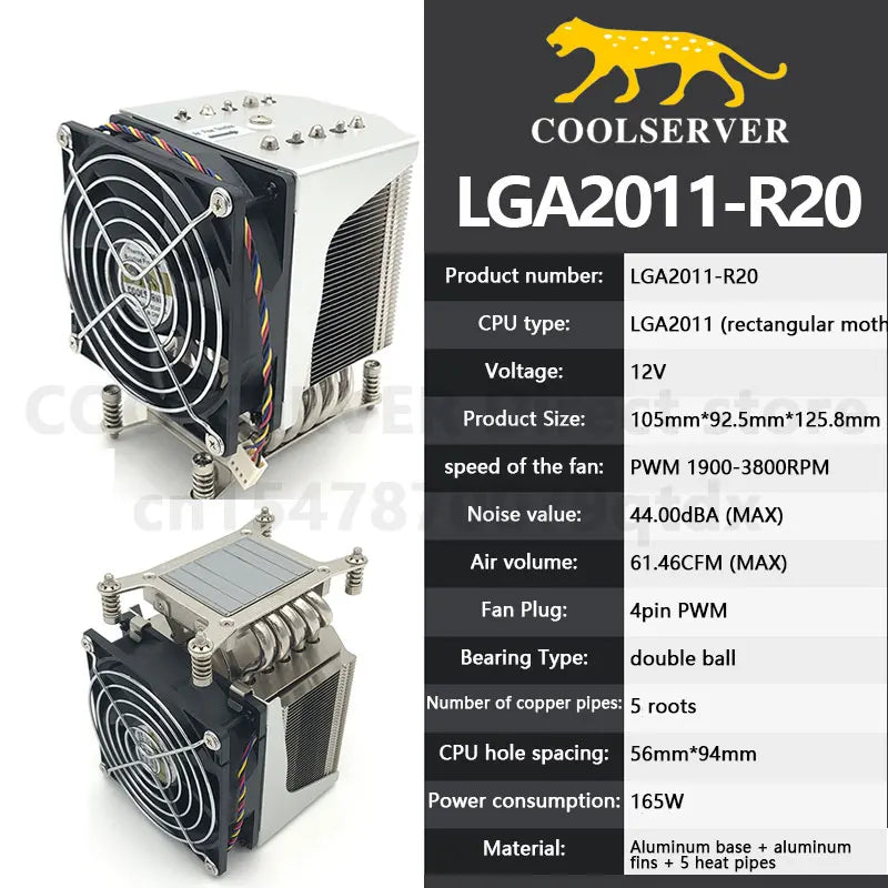 COOLSERVER R20 Cpu Cooler LGA 2011 Cooling Fan 5 Heat Pipes CPU Cooling 4 Pin PWM PC Quiet Intel LGA 2011 2066 CPU Cooling Fan